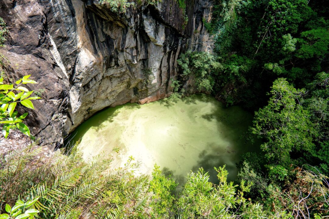 Het groene kratermeer van Mount Hypipamee.